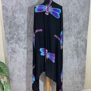 Dragonfly  Shawl Wrap Sarong/ Fringe Black Purple Blue Large 68”x43” Boho Hippie